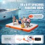 VEVOR inflatable floating dock, 10x8 ft, 6-inch thickness, family enjoying water activities by the boat.