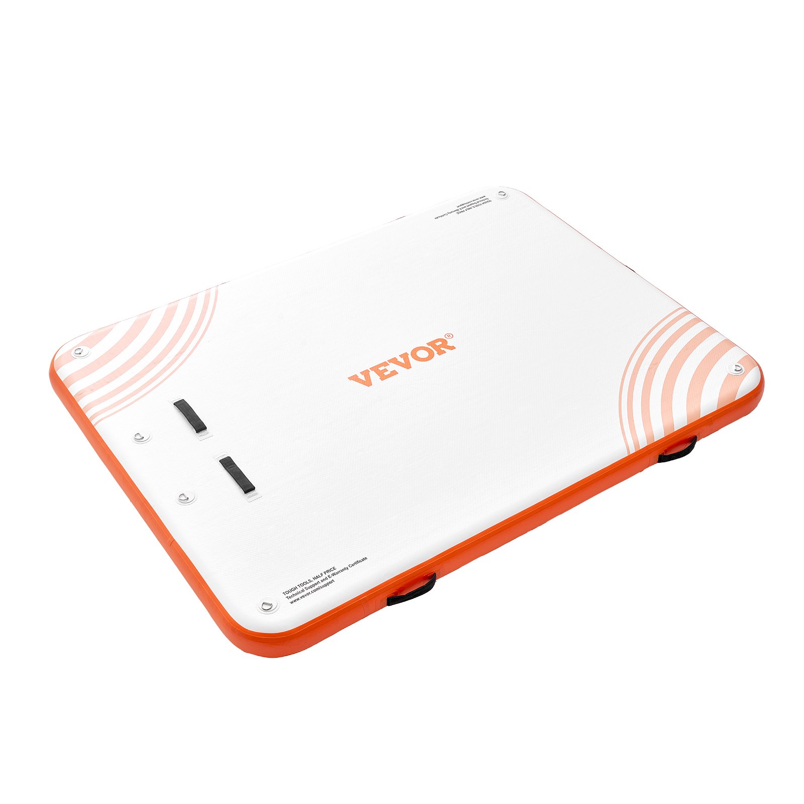 VEVOR inflatable floating dock with orange border and white top featuring handles and VEVOR logo.