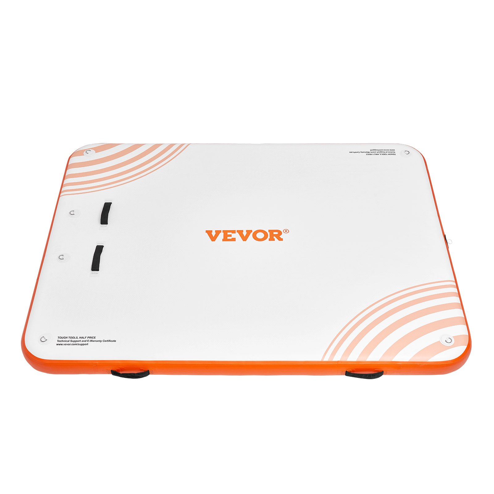 VEVOR inflatable floating dock with orange edges and handles, showcasing the brand logo prominently.