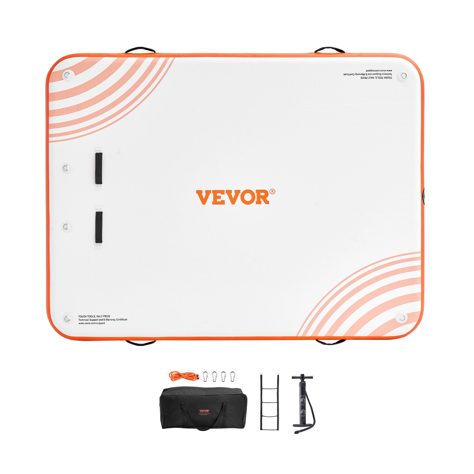 VEVOR inflatable floating dock with carry bag, ladder, pump, rope, and carabiners on white background.