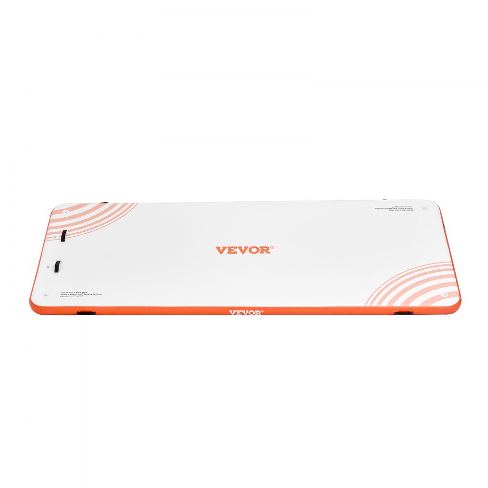 VEVOR inflatable floating dock in white and orange with handles and logo.