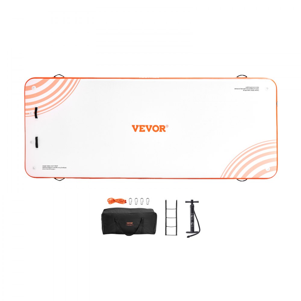 VEVOR inflatable floating dock with accessories including a pump, carry bag, rope, and ladder.