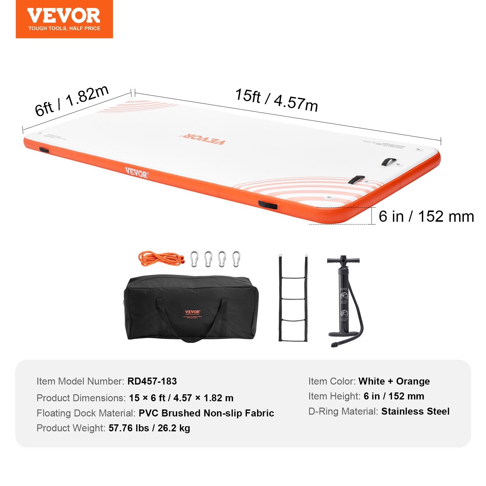 VEVOR inflatable floating dock with pump, carry bag, ladder, rope, and carabiners; 15ft x 6ft dimensions.