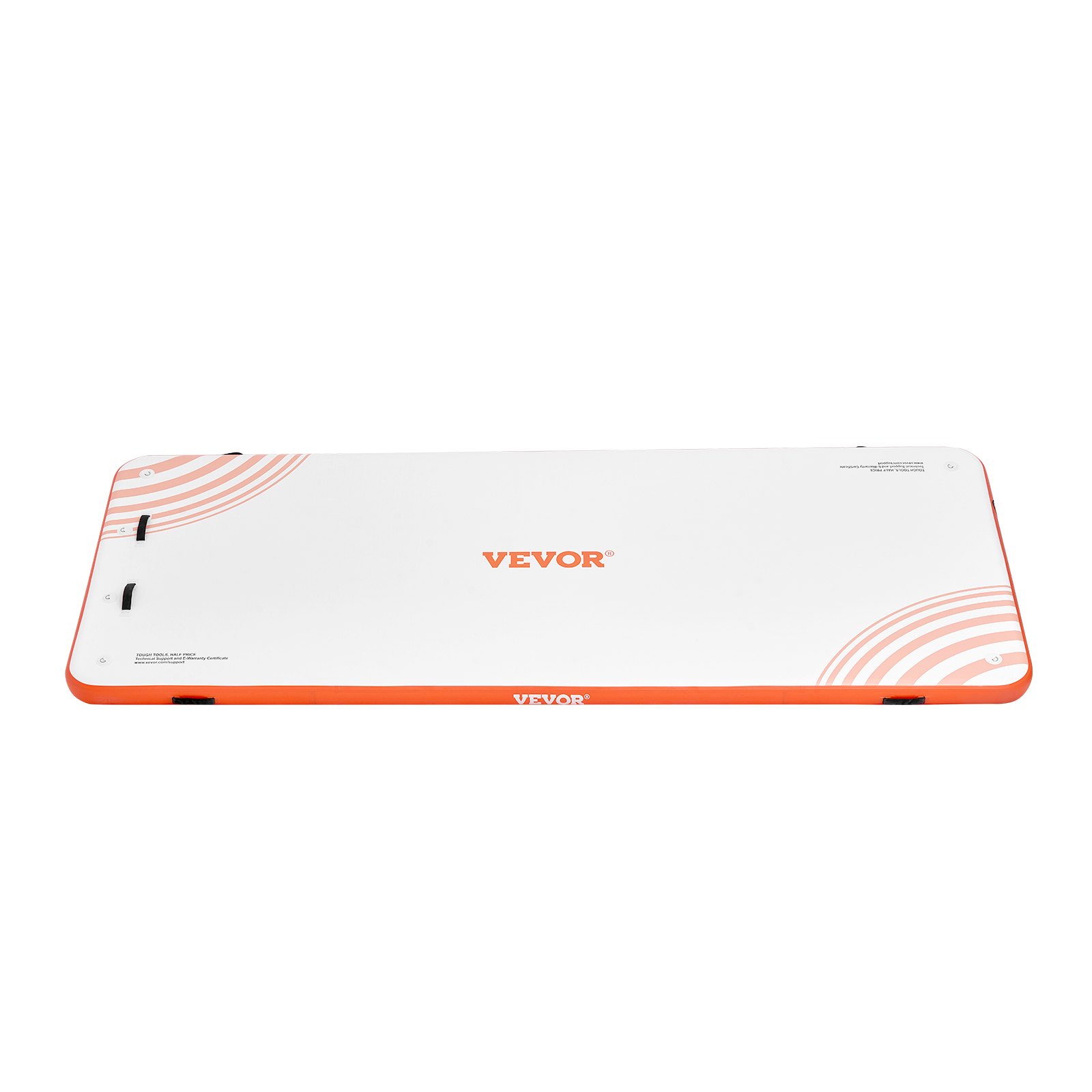 VEVOR inflatable floating dock in white and orange with handles and logo.