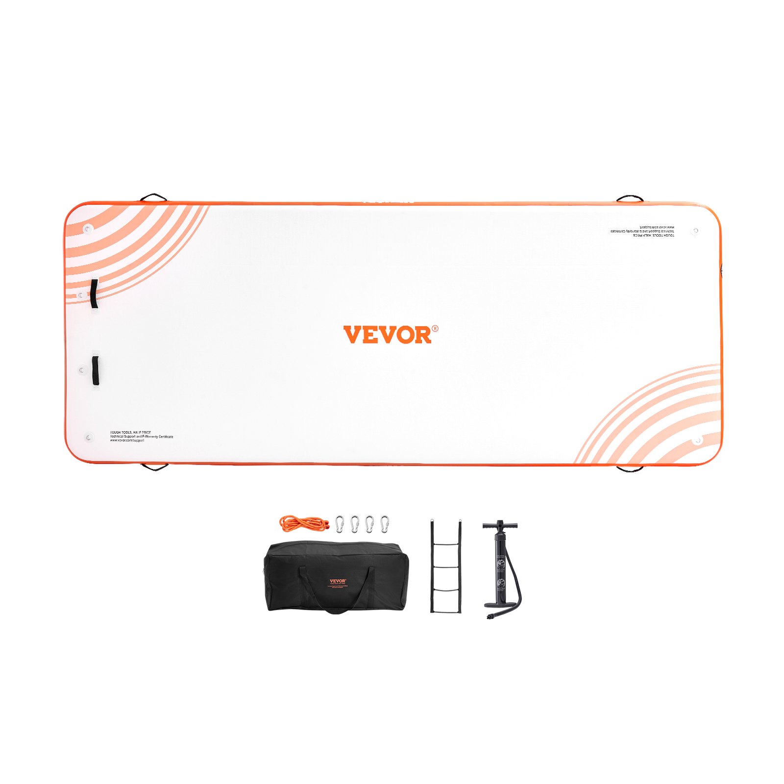 VEVOR inflatable floating dock with accessories including a pump, carry bag, rope, and ladder.
