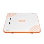 VEVOR inflatable floating dock with orange edges, VEVOR logo, and striped corner patterns.