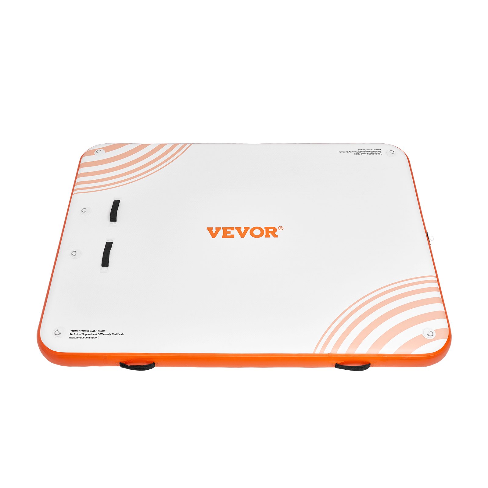 VEVOR inflatable floating dock with orange edges, VEVOR logo, and striped corner patterns.