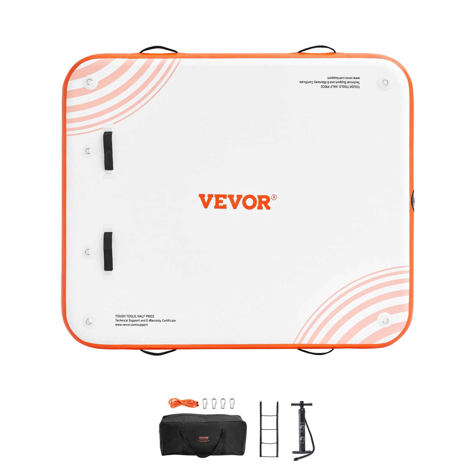 VEVOR inflatable floating dock with orange border, two handles, accessories: bag, rope, pump, ladder.