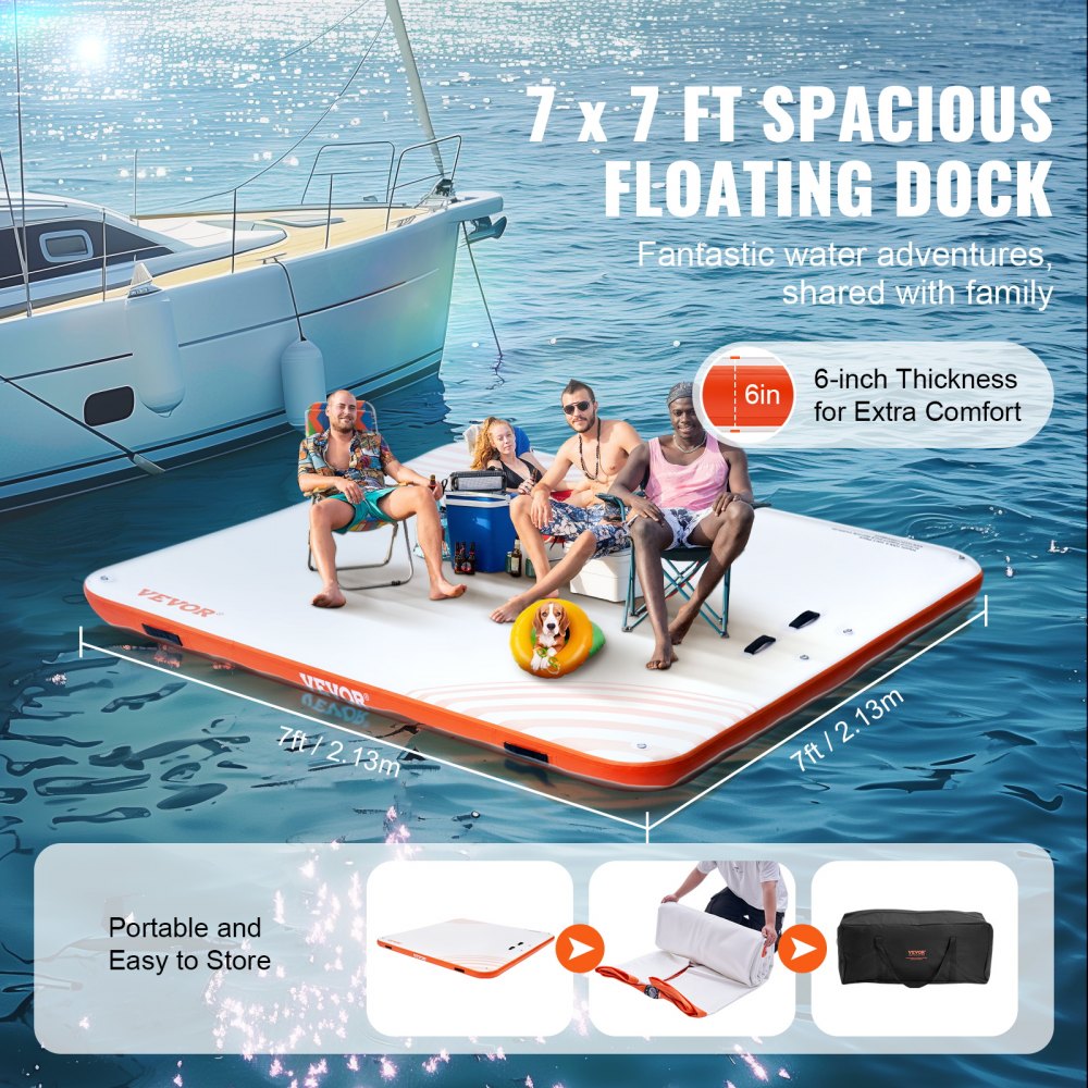 VEVOR Inflatable Floating Dock, 2.13 x 2.13 m Inflatable Dock Platform, Non-Slip Water Floating Dock Mat with Portable Carrying Bag & Detachable Ladder, Floating Platform Island Raft for Pool Beach Ocean