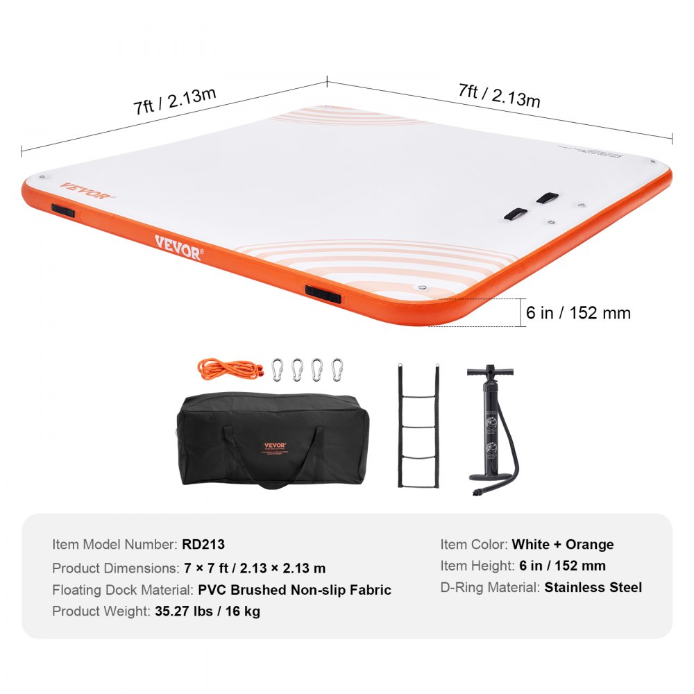 VEVOR Inflatable Floating Dock, 2.13 x 2.13 m Inflatable Dock Platform, Non-Slip Water Floating Dock Mat with Portable Carrying Bag & Detachable Ladder, Floating Platform Island Raft for Pool Beach Ocean
