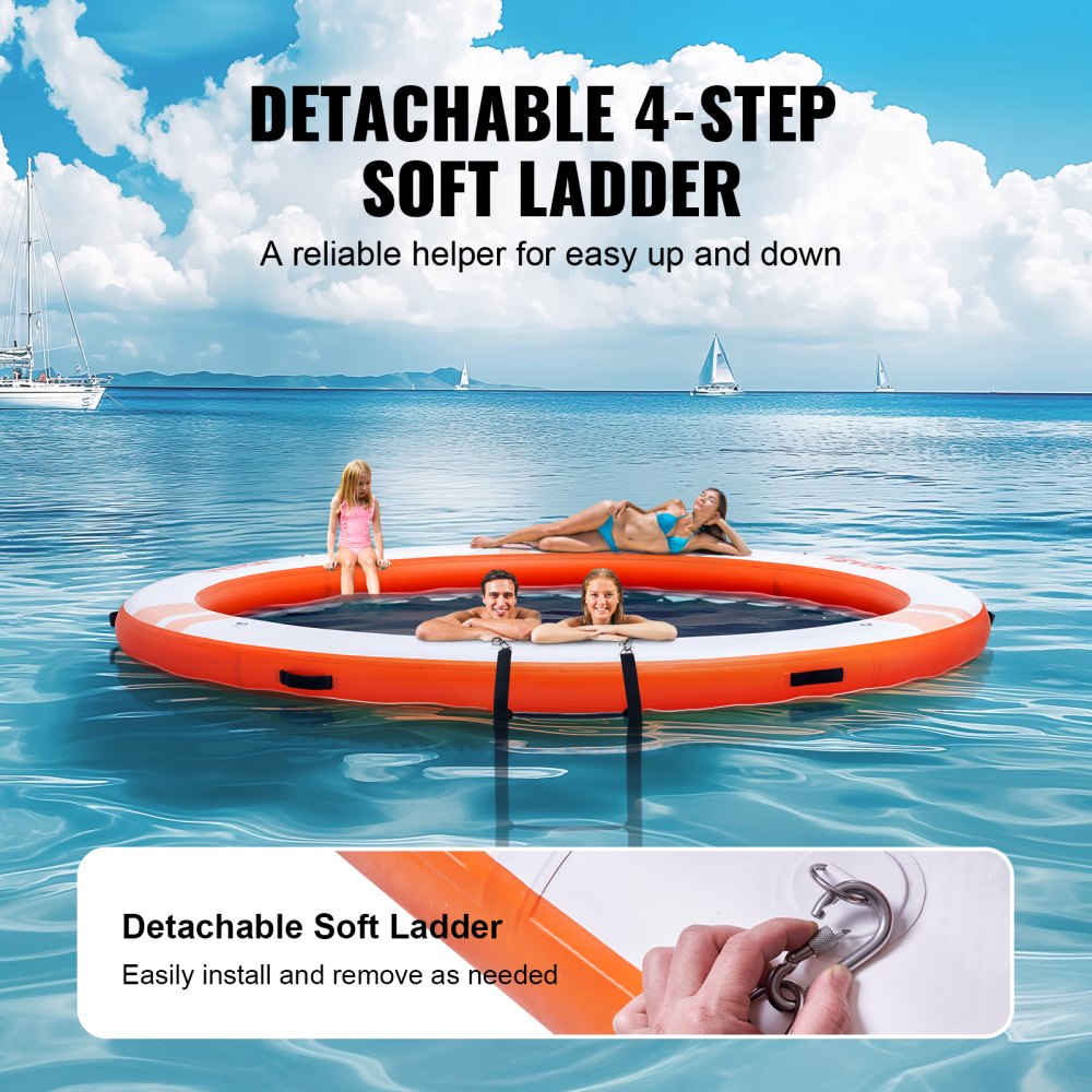 VEVOR inflatable floating dock with detachable ladder, people relaxing, and sailboats in the background.