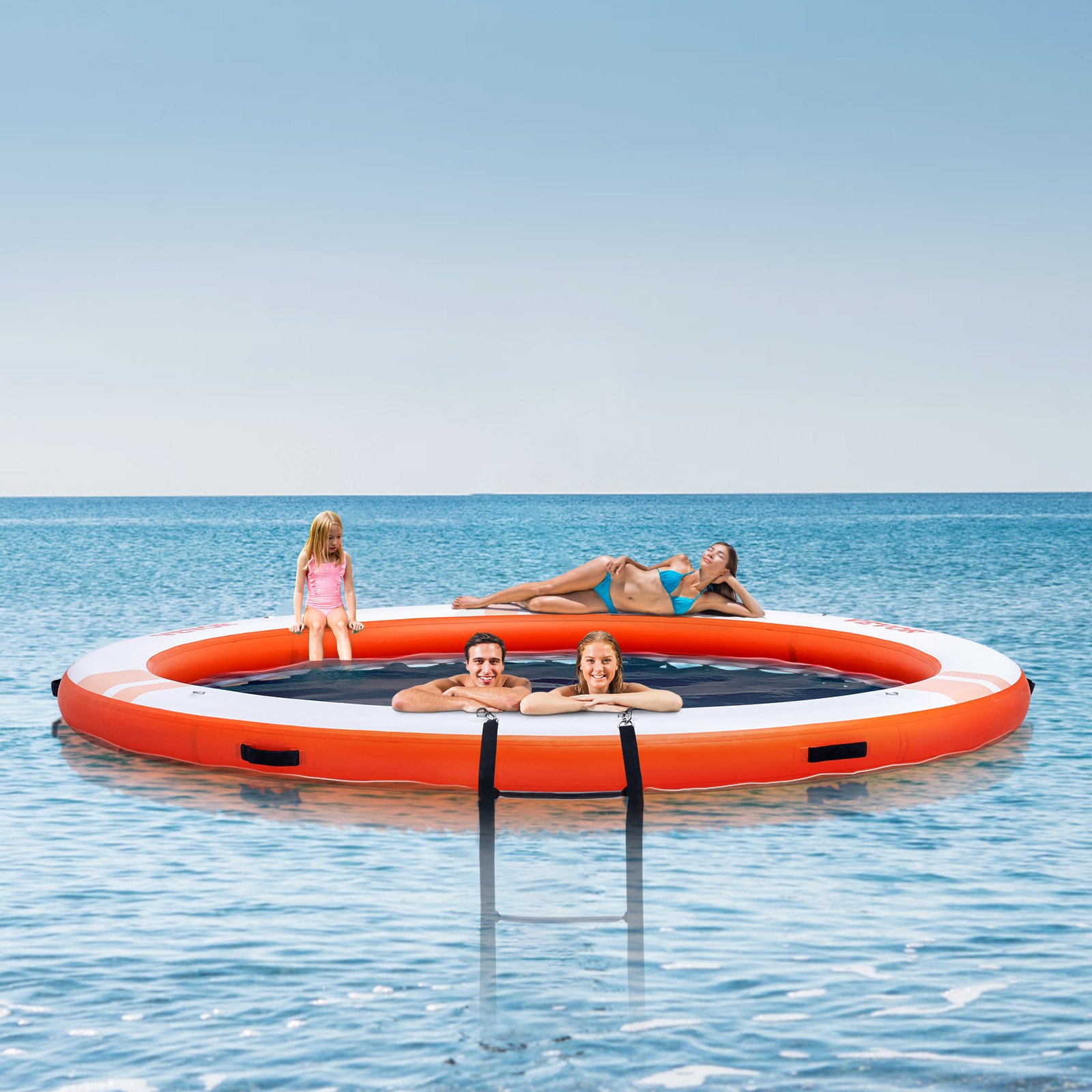 VEVOR inflatable floating dock with people relaxing and swimming in the ocean under clear blue sky.