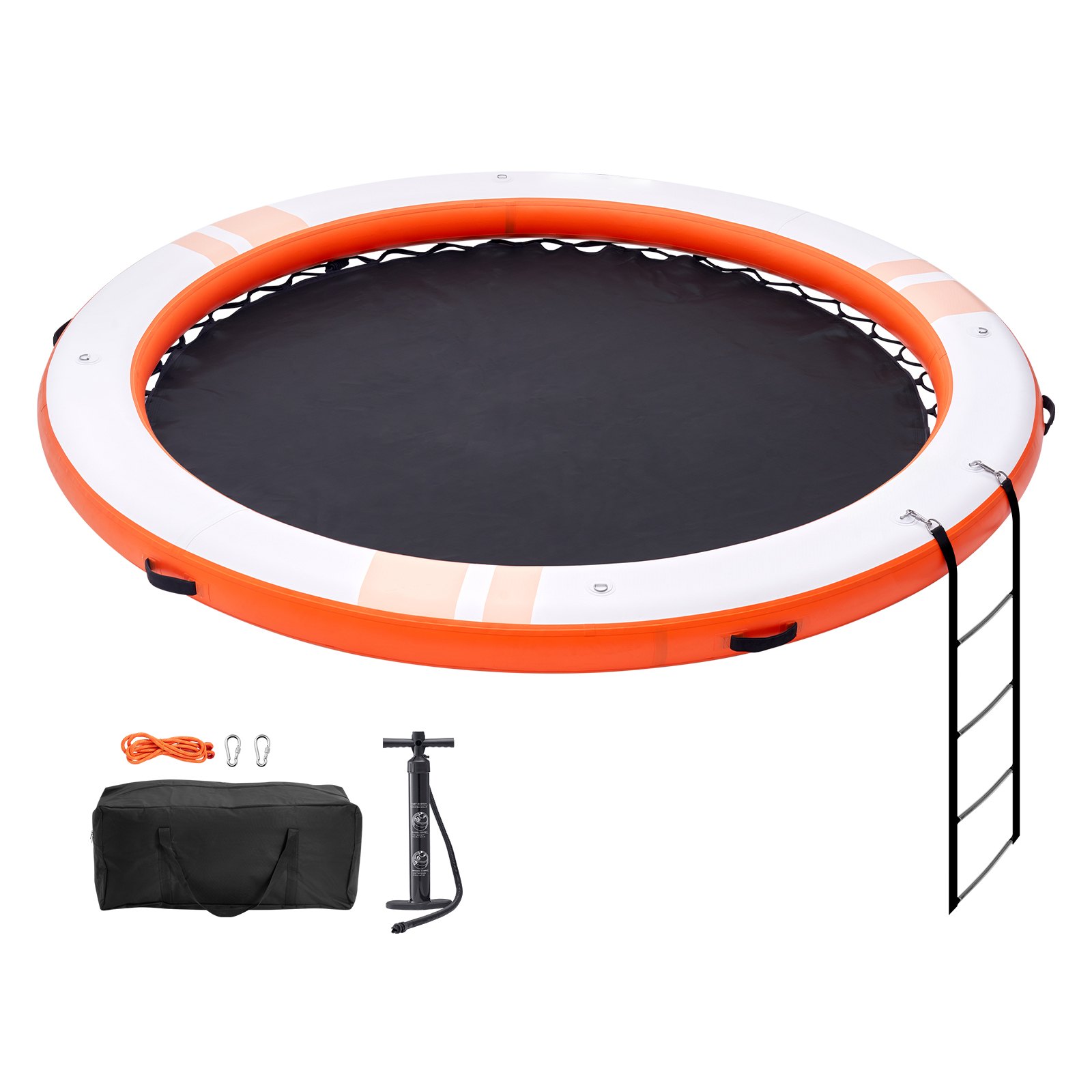 VEVOR inflatable floating dock with black pad, orange frame, ladder, pump, carry bag, ropes, and clips.