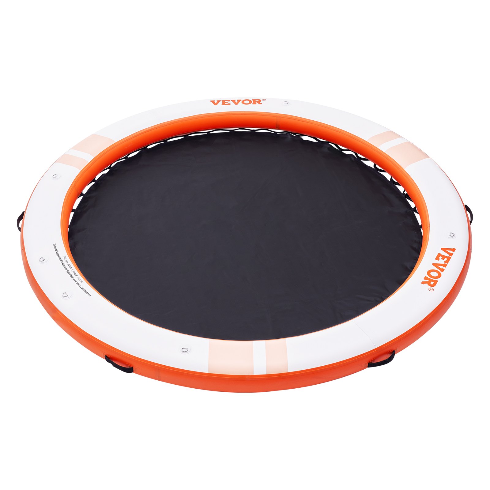 orange and black VEVOR inflatable floating dock in circular design with handles on sides.