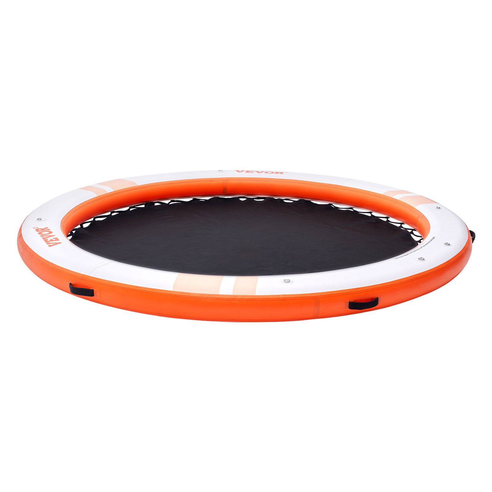 circular orange and white VEVOR inflatable floating dock with black center and multiple handles.