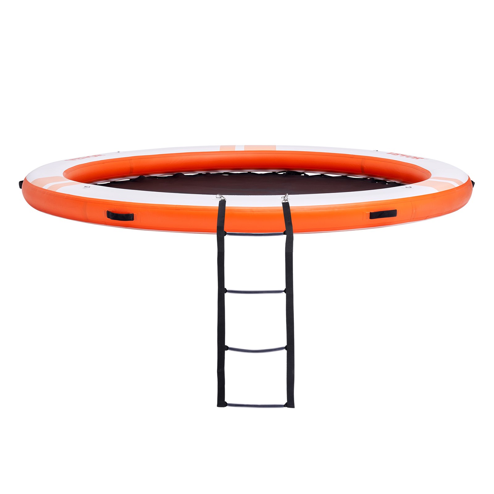 orange and white VEVOR inflatable floating dock with a black ladder attached for easy access.