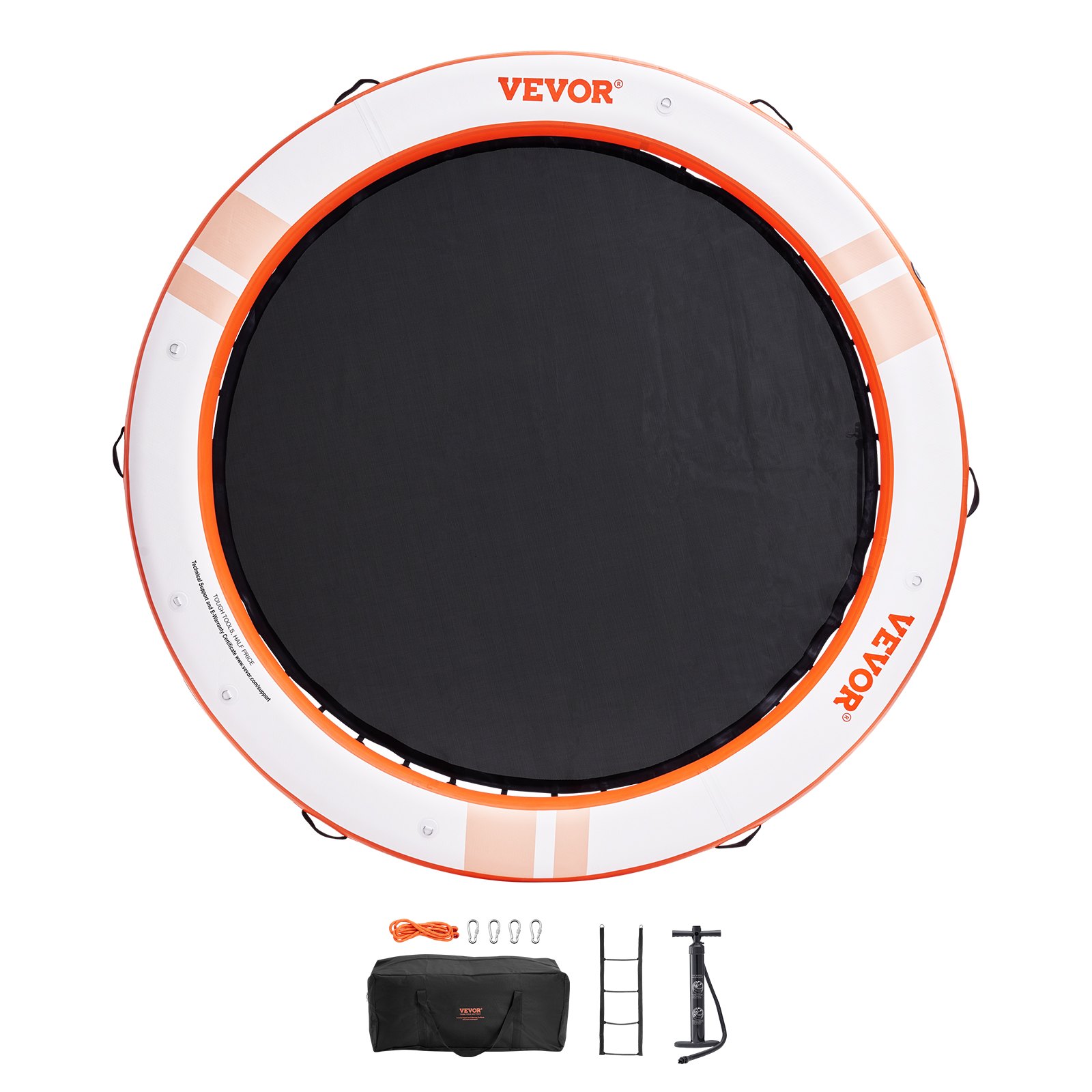 VEVOR inflatable floating dock with pump, carrying bag, ladder, orange rope, and metal clips.