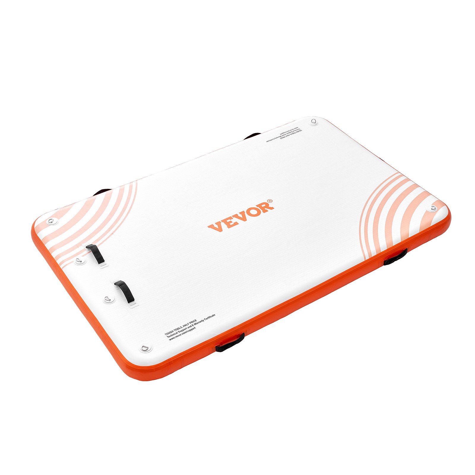 VEVOR inflatable floating dock with orange and white design, featuring handles for easy transport.