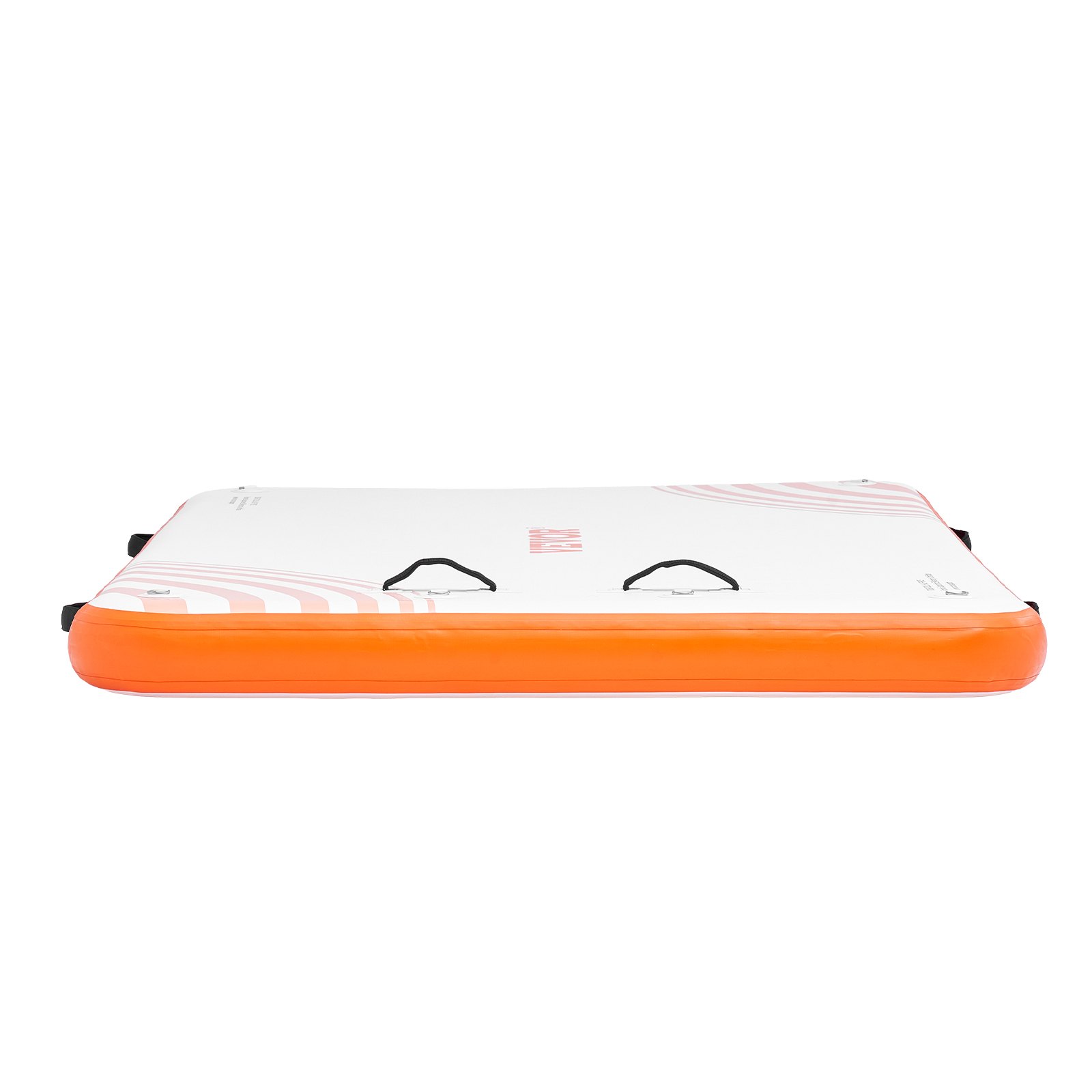 VEVOR inflatable floating dock in orange and white with handles on top.