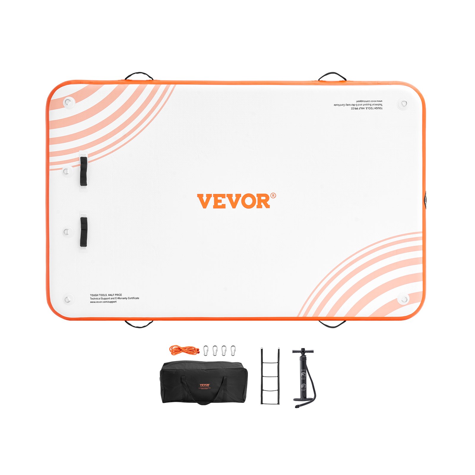 VEVOR inflatable floating dock with white and orange design, accessories include pump, bag, and rope.