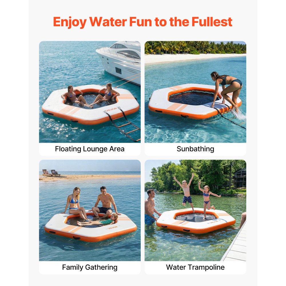 VEVOR Inflatable Floating Dock, 2.6x2.6 M Inflatable Dock Platform, Non-Slip Water Mat with Portable Carrying Bag & Detachable Ladder, Floating Water Platform Island Raft for Pool Beach Ocean, Orange
