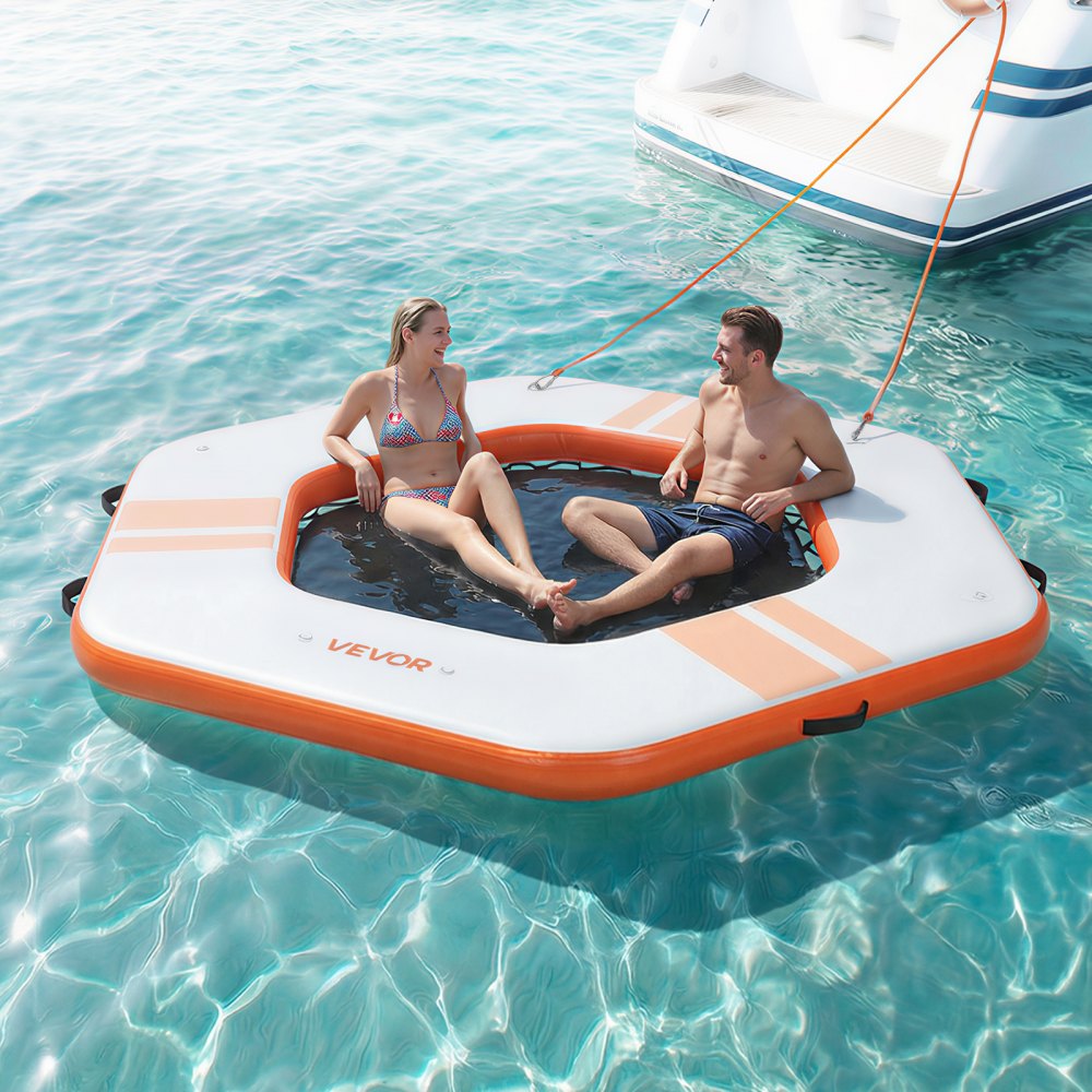 VEVOR Inflatable Floating Dock, 2.6x2.6 M Inflatable Dock Platform, Non-Slip Water Mat with Portable Carrying Bag & Detachable Ladder, Floating Water Platform Island Raft for Pool Beach Ocean, Orange