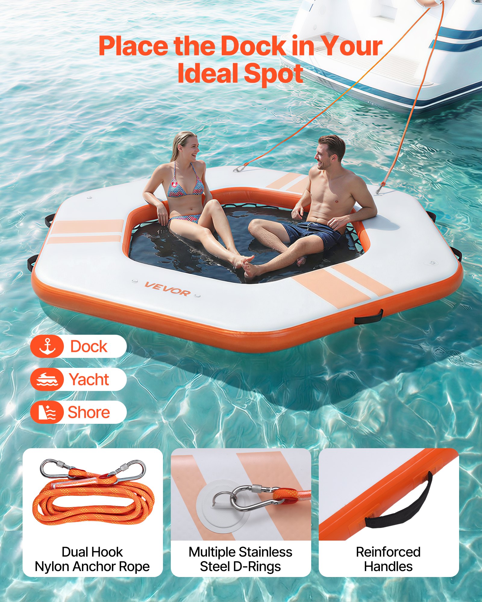 VEVOR Inflatable Floating Dock, 2.6x2.6 M Inflatable Dock Platform, Non-Slip Water Mat with Portable Carrying Bag & Detachable Ladder, Floating Water Platform Island Raft for Pool Beach Ocean, Orange