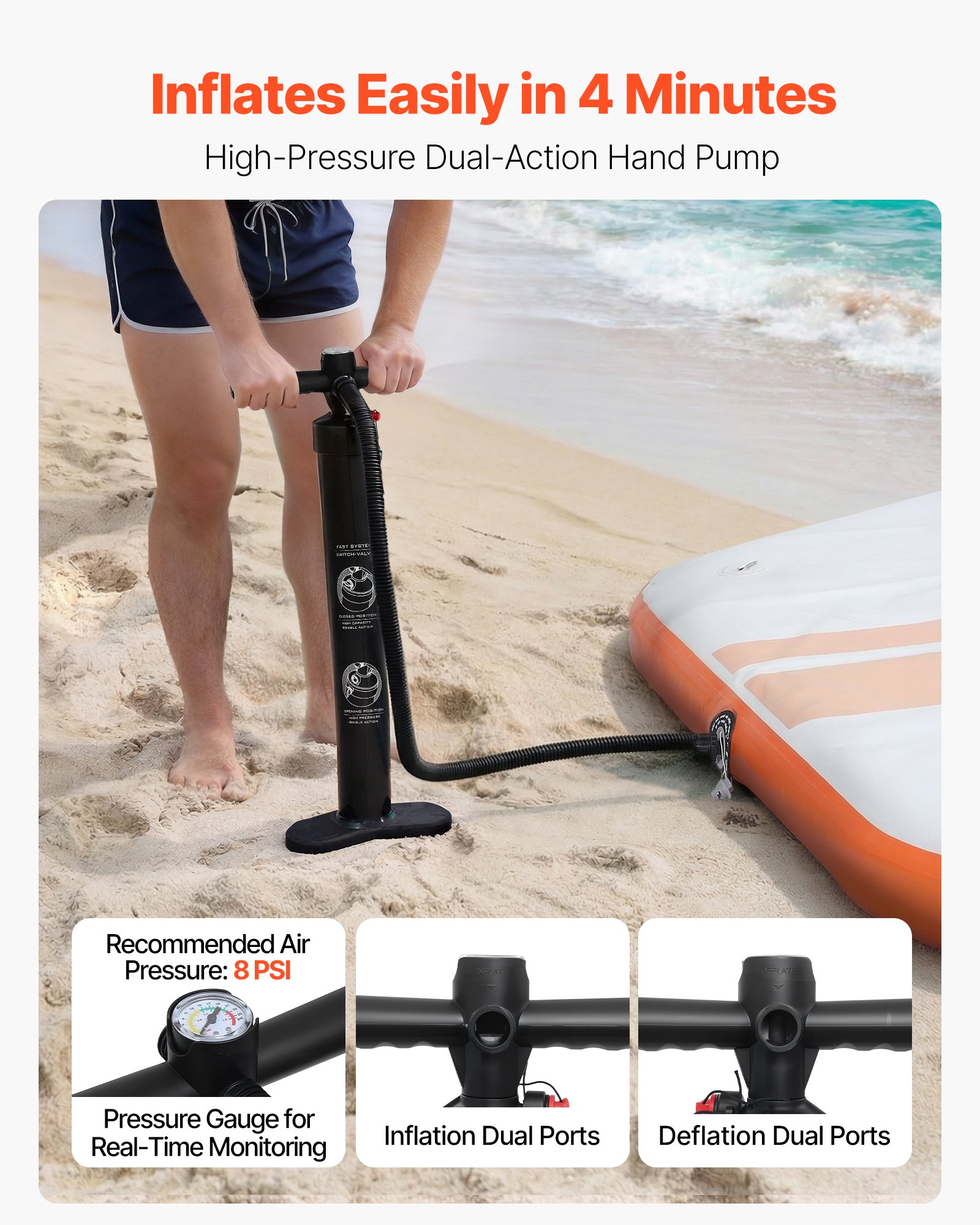 VEVOR Inflatable Floating Dock, 2.6x2.6 M Inflatable Dock Platform, Non-Slip Water Mat with Portable Carrying Bag & Detachable Ladder, Floating Water Platform Island Raft for Pool Beach Ocean, Orange