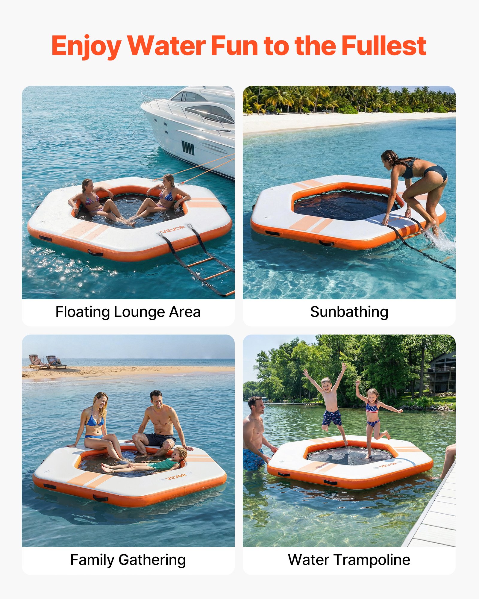 VEVOR Inflatable Floating Dock, 2.6x2.6 M Inflatable Dock Platform, Non-Slip Water Mat with Portable Carrying Bag & Detachable Ladder, Floating Water Platform Island Raft for Pool Beach Ocean, Orange