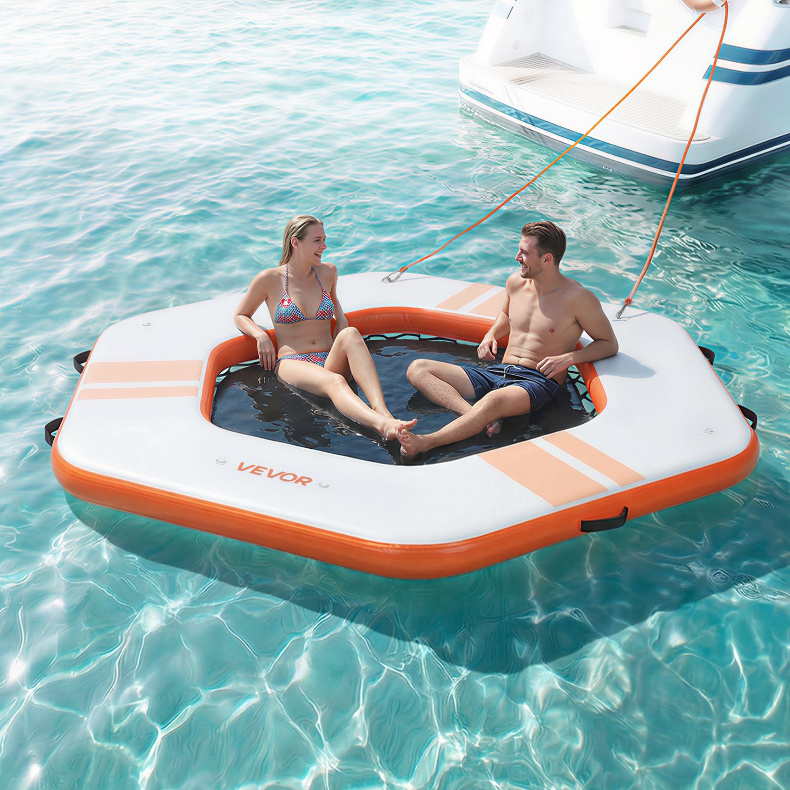 VEVOR Inflatable Floating Dock, 2.6x2.6 M Inflatable Dock Platform, Non-Slip Water Mat with Portable Carrying Bag & Detachable Ladder, Floating Water Platform Island Raft for Pool Beach Ocean, Orange