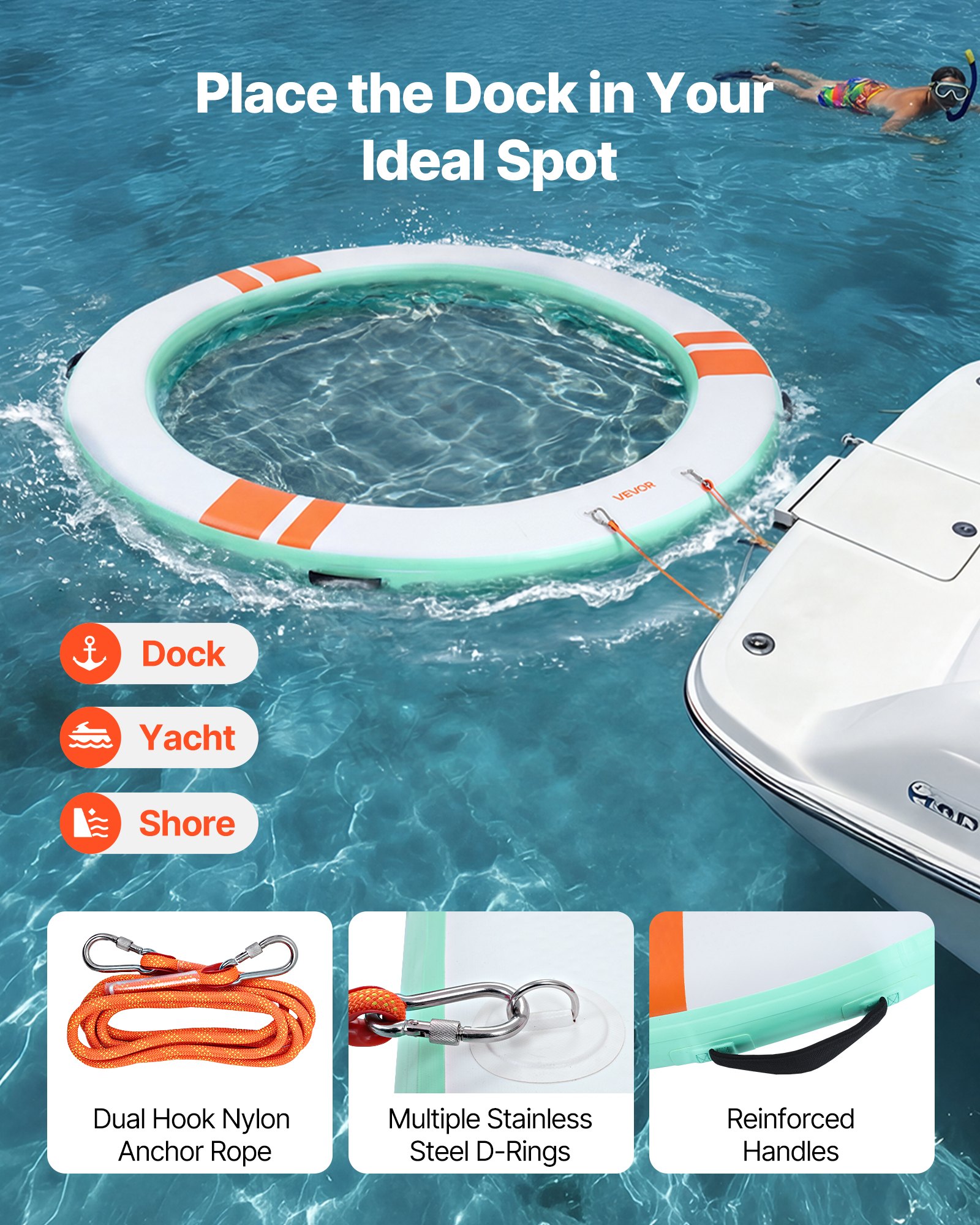 VEVOR Inflatable Floating Dock, 2.44M Round Inflatable Dock Platform, Non-Slip Water Floating Dock Mat with Portable Carrying Bag & Detachable Ladder, Float Platform Island Raft for Pool Beach Ocean