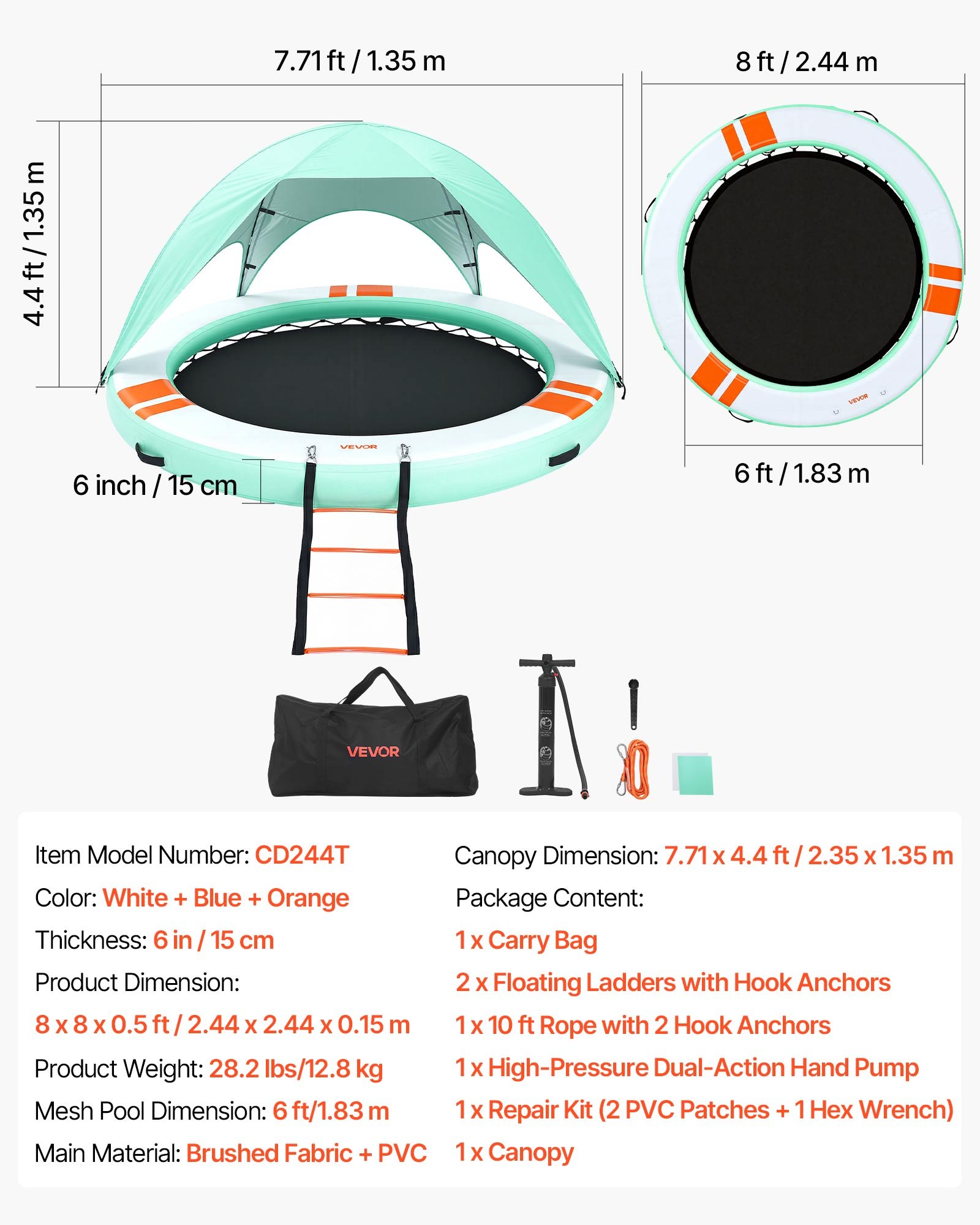 VEVOR Inflatable Floating Dock, 2.44M Round Inflatable Dock Platform, Non-Slip Water Floating Dock Mat with Portable Carrying Bag & Detachable Ladder, Float Platform Island Raft for Pool Beach Ocean