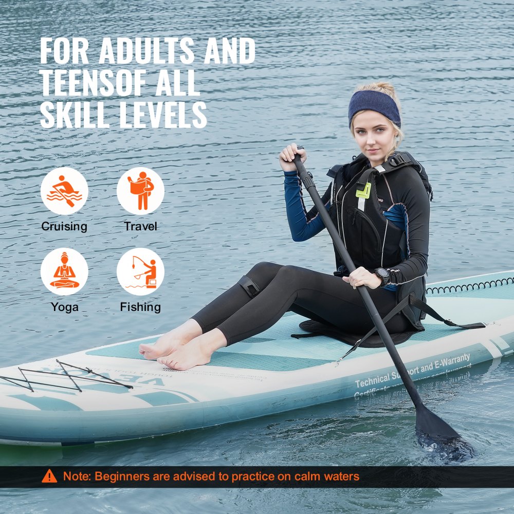 person paddling on a VEVOR inflatable paddle board. suitable for cruising, travel, yoga, and fishing.