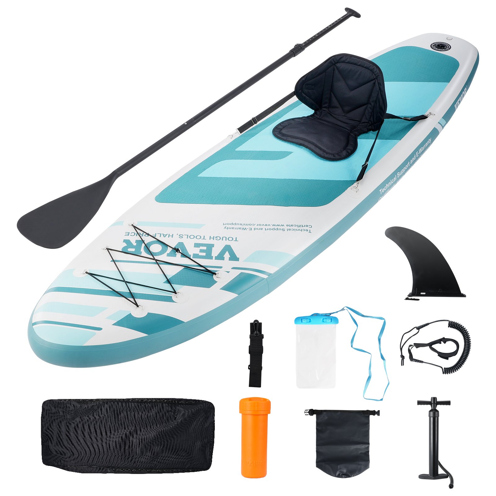 VEVOR inflatable paddle board with attached seat, paddle, fin, pump, and included accessories.
