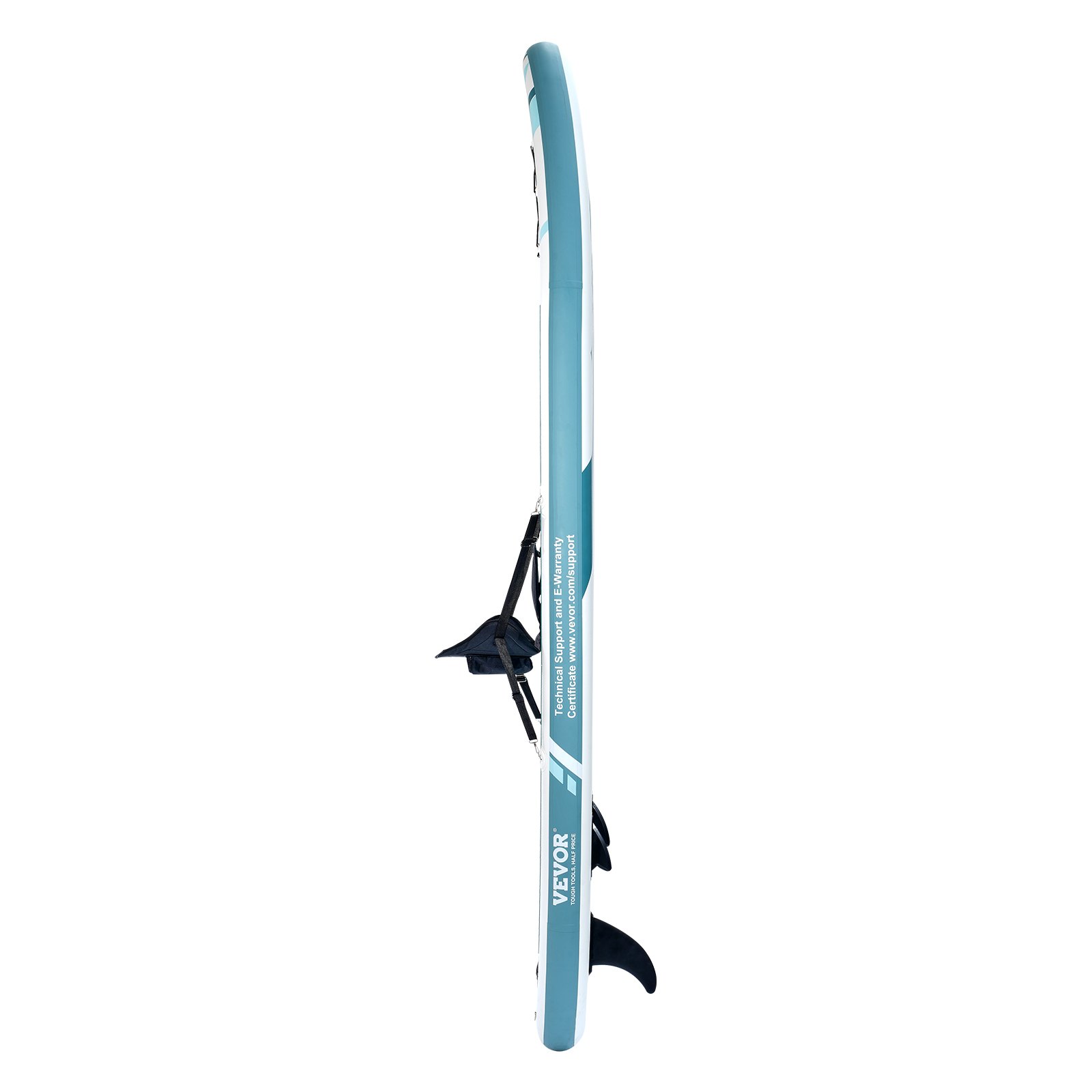 VEVOR inflatable paddle board side view showing fins and teal color accents.