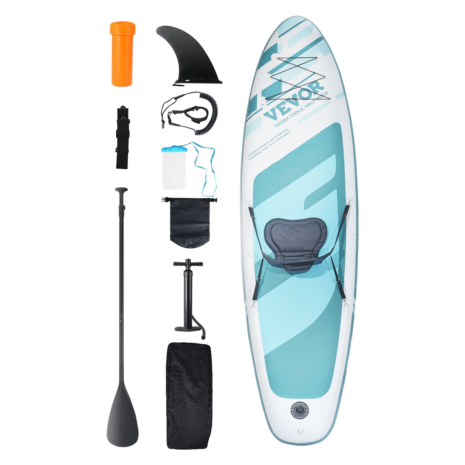 VEVOR inflatable paddle board with paddle, pump, fin, leash, carry bag, repair kit, and accessories.