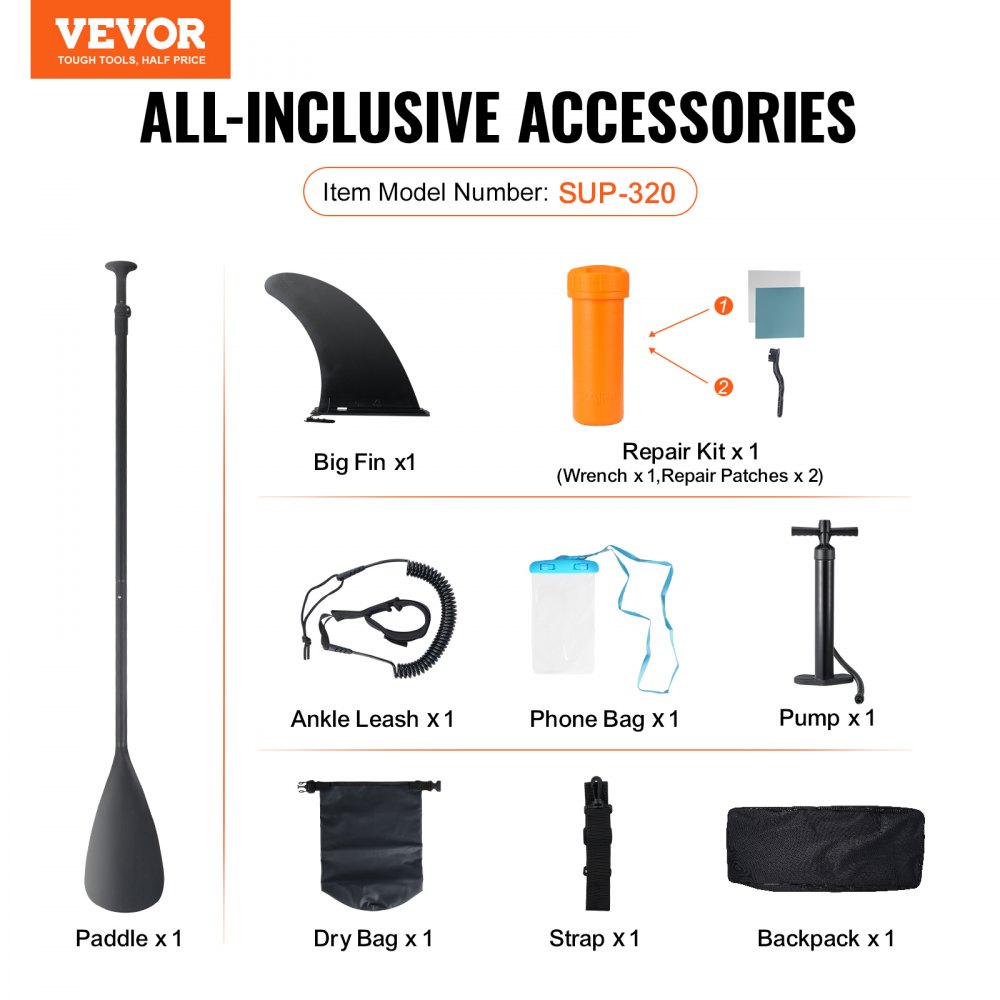 VEVOR inflatable paddle board accessories with paddle, fin, pump, leash, phone bag, dry bag, and repair kit.