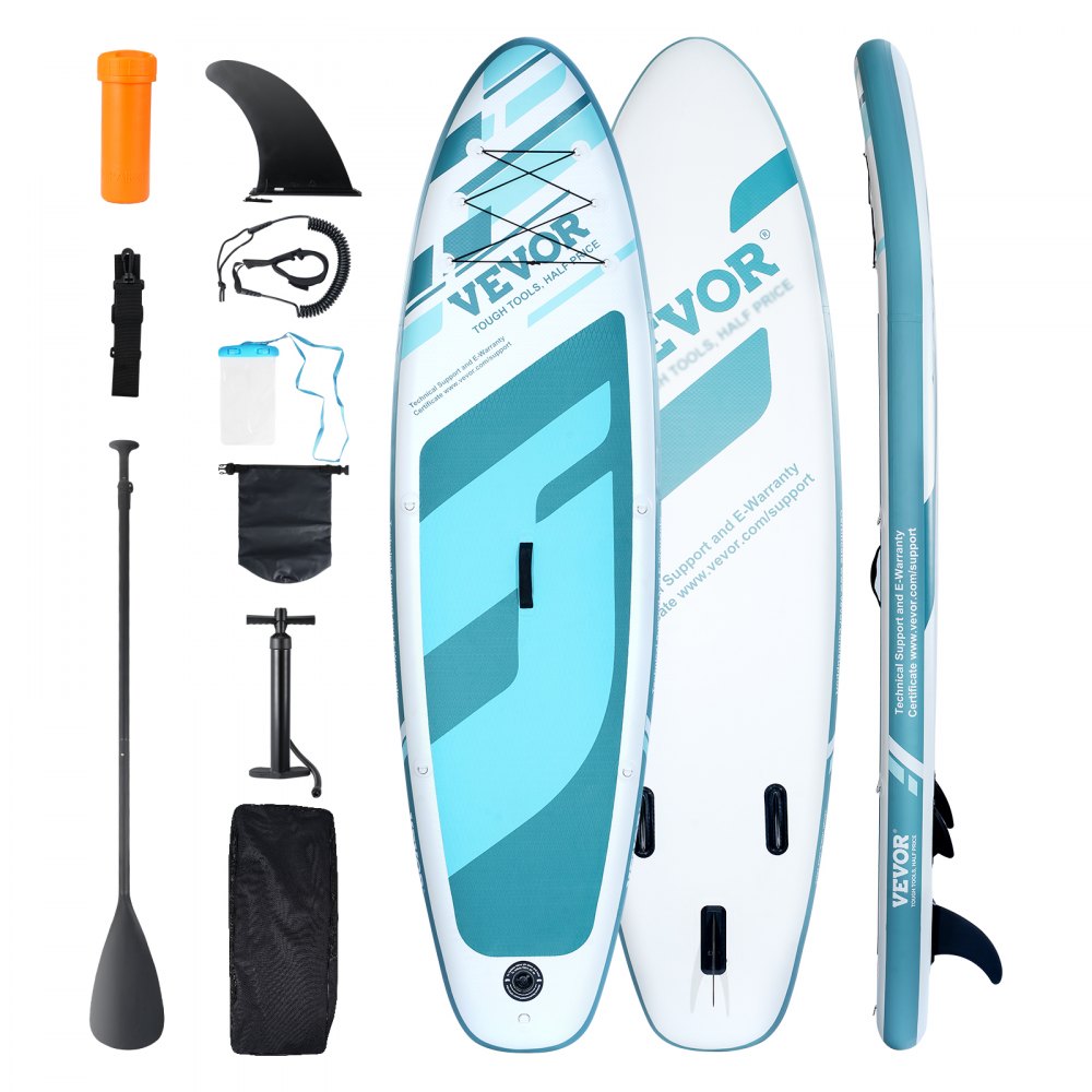 Nafukovací paddleboard VEVOR, 10,6' x 33" x 6" široký SUP paddleboard, s příslušenstvím pro prkno, pumpou, pádlem, ploutví, taškou na telefon, batohem, vodítkem na kotník, sadou na opravu, protiskluzovou plošinou pro mládež a dospělé