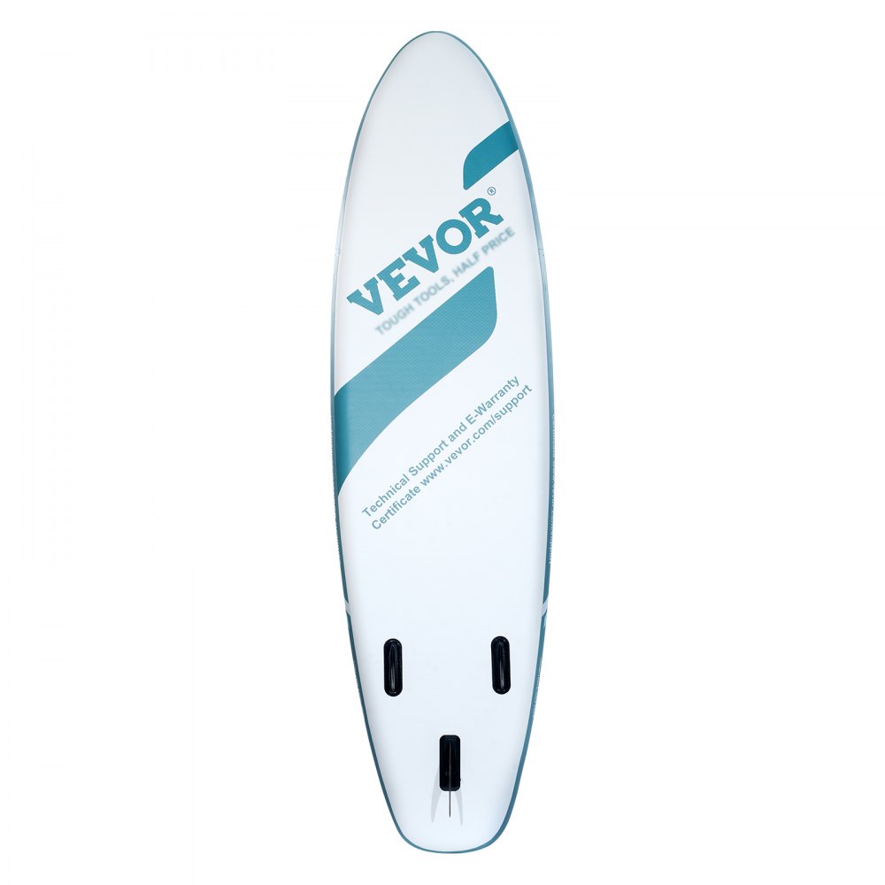 VEVOR inflatable paddle board with blue accents, showing technical support details and fins.