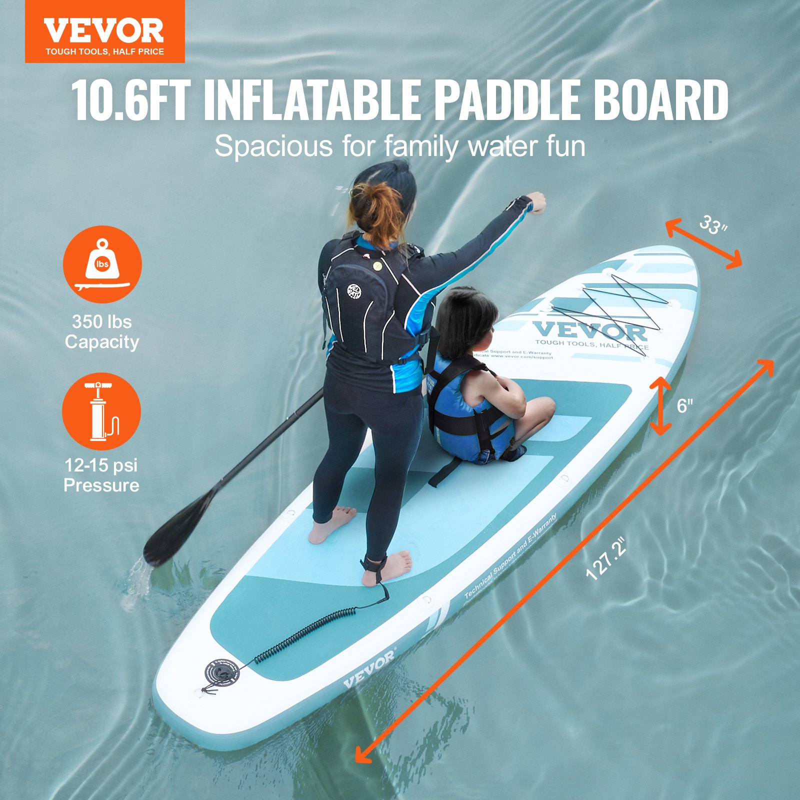mother and child on a VEVOR inflatable paddle board in blue water, highlighting 350 lbs capacity.