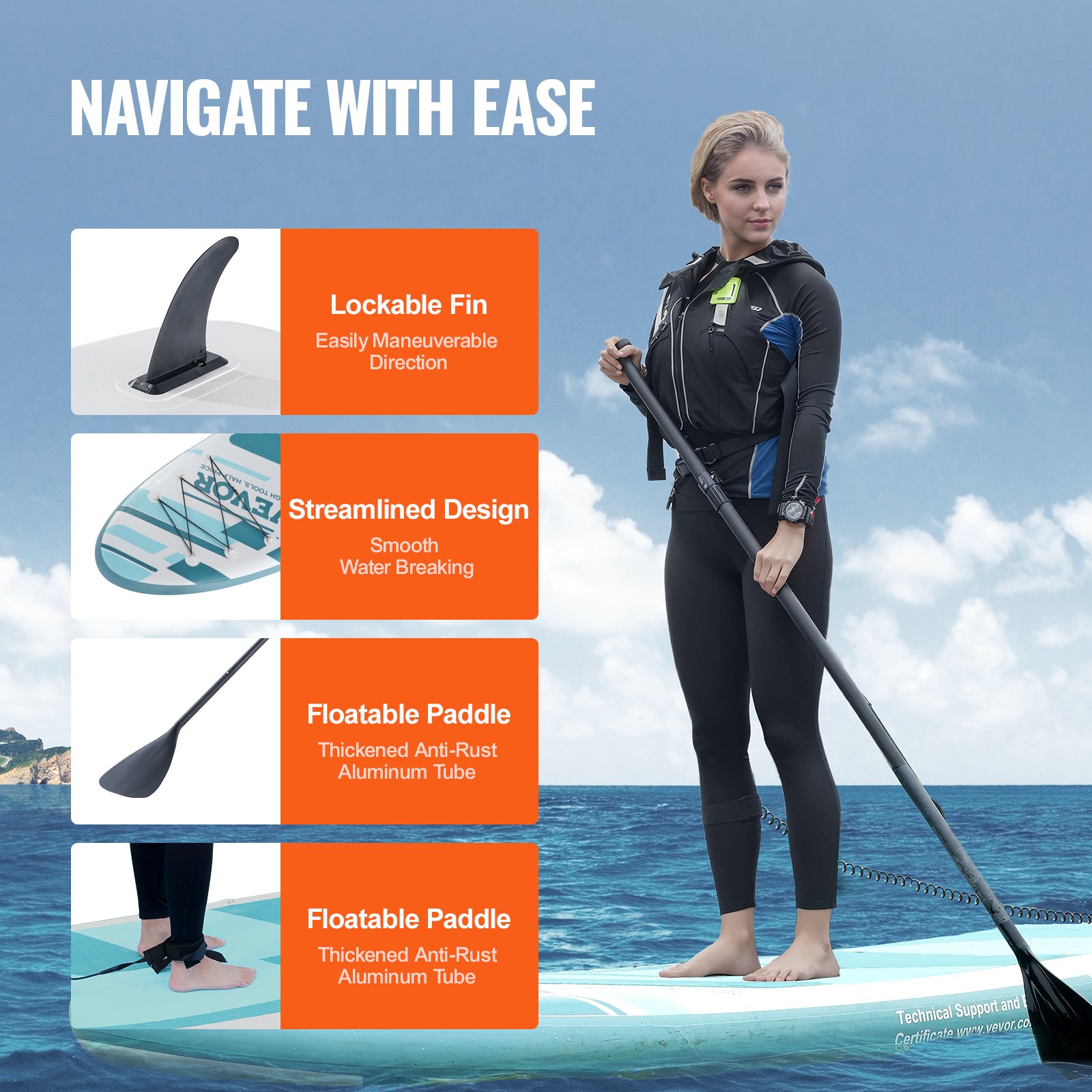 VEVOR inflatable paddle board with lockable fin, streamlined design, and floatable paddle on water.