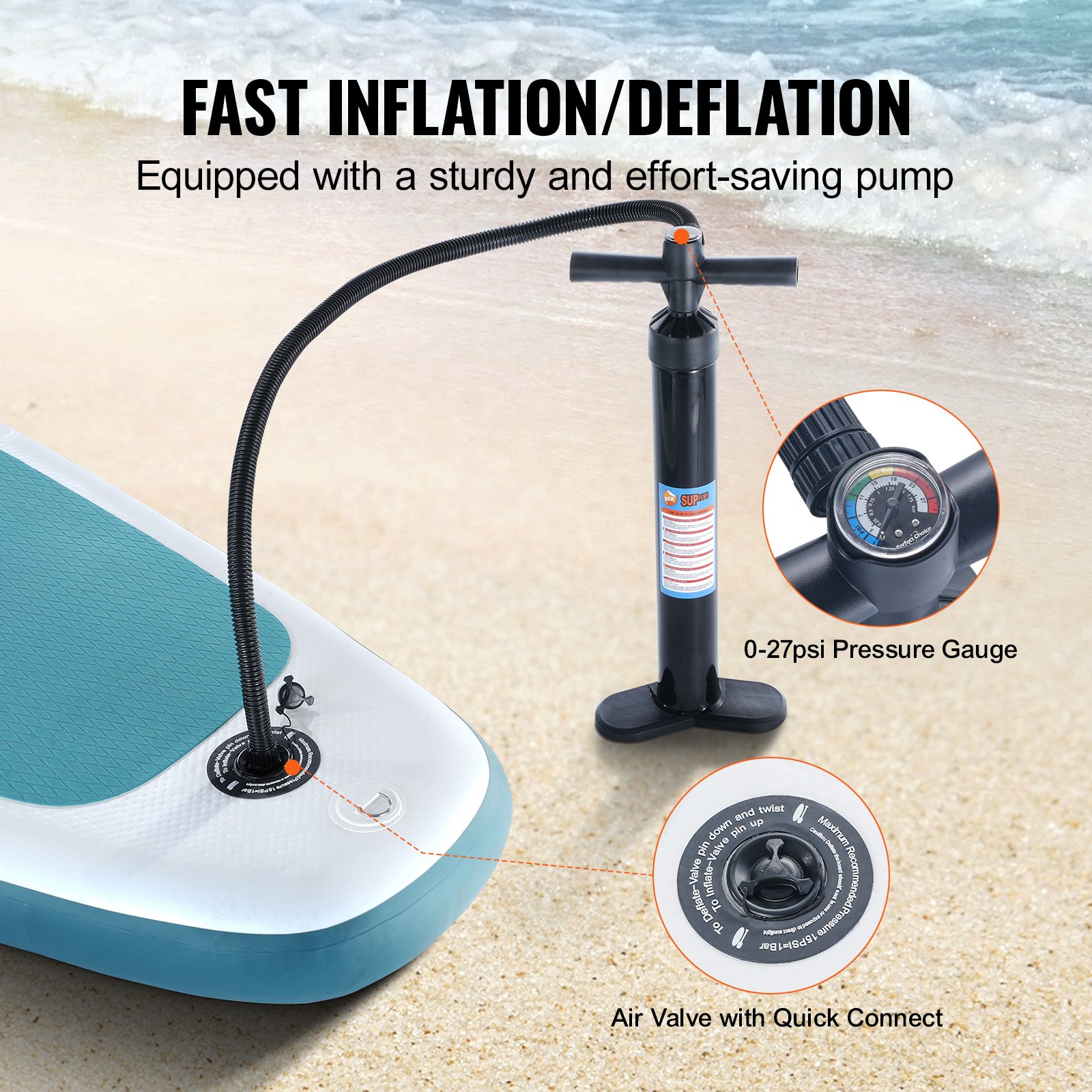 VEVOR inflatable paddle board with pump, pressure gauge, and quick connect air valve on the beach.
