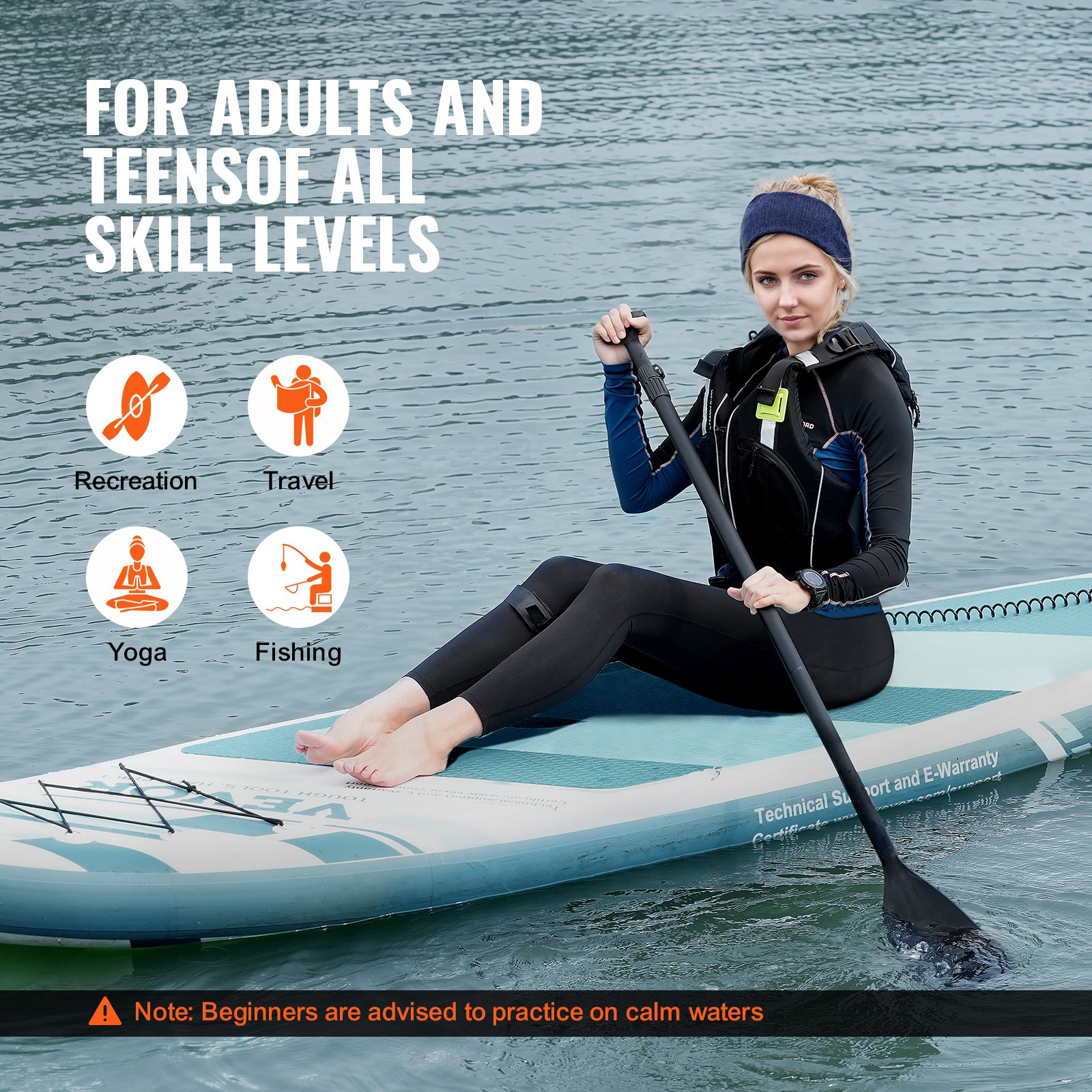 person paddling on VEVOR inflatable paddle board, suitable for recreation, travel, yoga, and fishing.