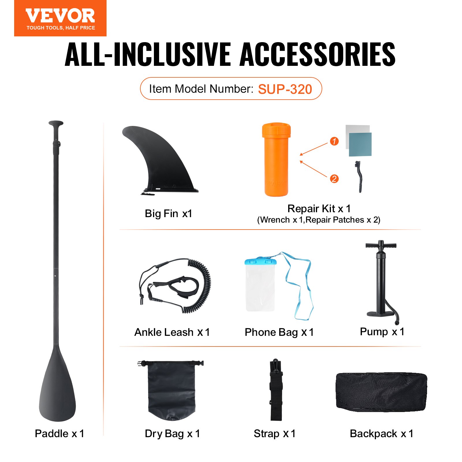 VEVOR inflatable paddle board accessories with paddle, fin, pump, leash, phone bag, dry bag, and repair kit.