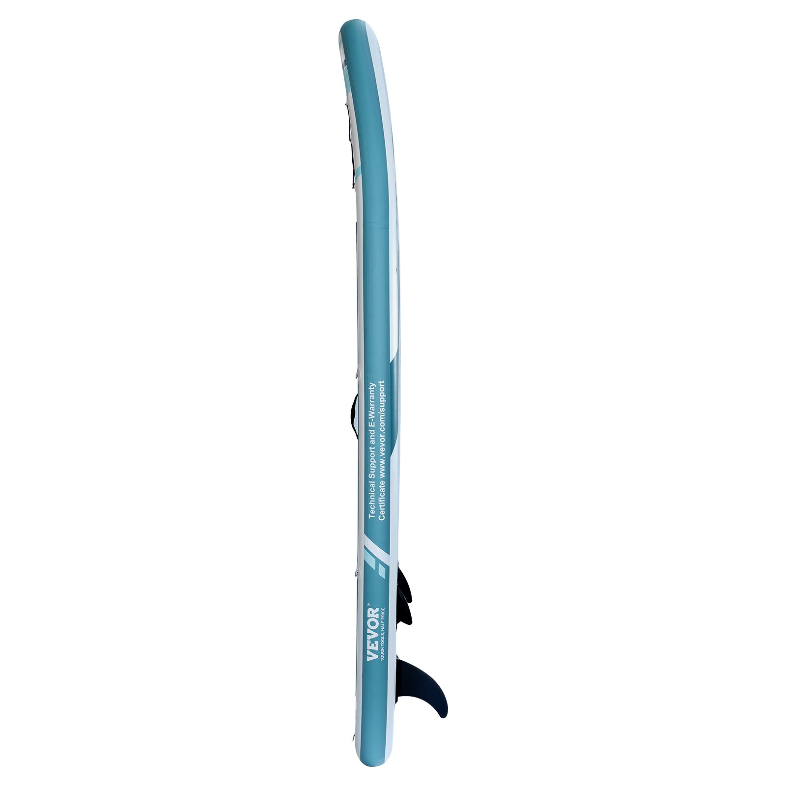 side view of blue VEVOR inflatable paddle board with attached fin.
