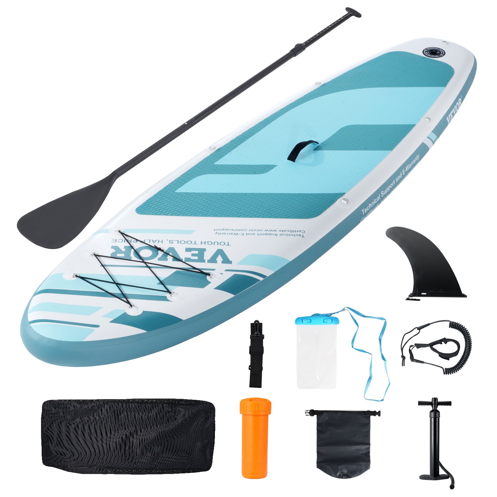 VEVOR inflatable paddle board with accessories including paddle, pump, fin, and storage bag.