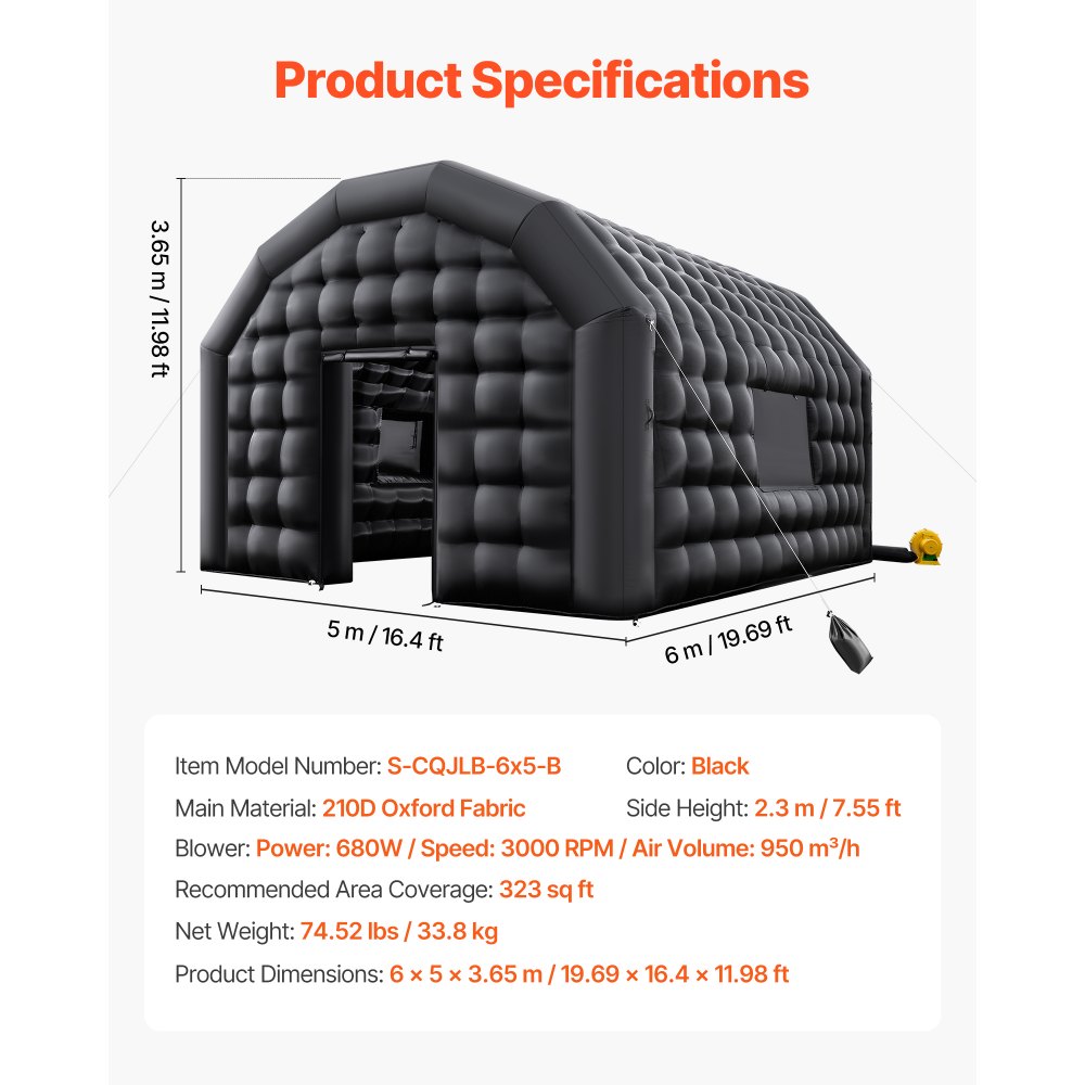 VEVOR Inflatable Nightclub, 6 x 5 x 3.66 m Inflatable Party Tent with 680W Blower & Sandbag, Ventilated Blow up Night Club with 2 Windows, Air Cube House for Event Birthday Wedding Party
