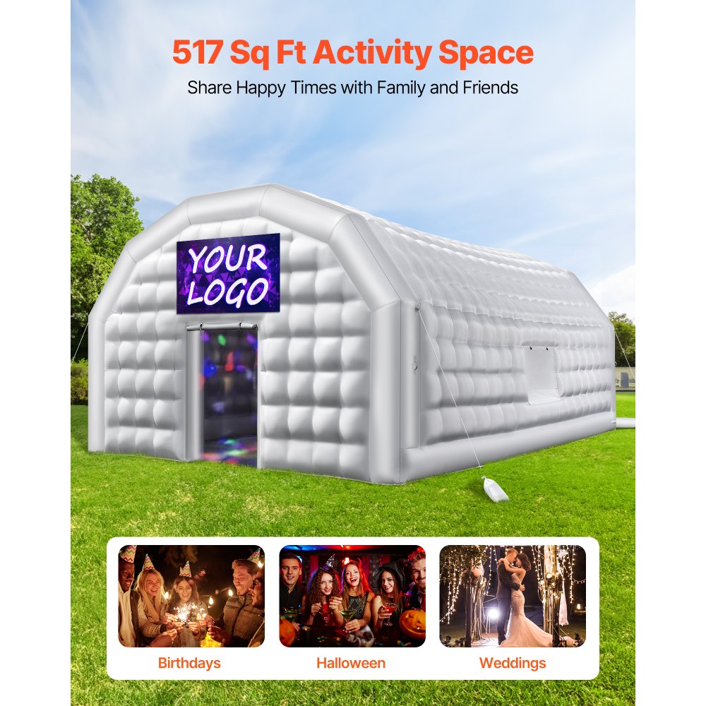 VEVOR Inflatable Nightclub, 26.2 x 19.7 x 13.1 ft Inflatable Party Tent with 1100W Blower & Sandbag, Blow up Night Club with 2 Windows, Air Cube House for Event Birthday Wedding Party, White