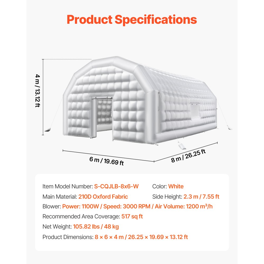 VEVOR Inflatable Nightclub, 26.2 x 19.7 x 13.1 ft Inflatable Party Tent with 1100W Blower & Sandbag, Blow up Night Club with 2 Windows, Air Cube House for Event Birthday Wedding Party, White