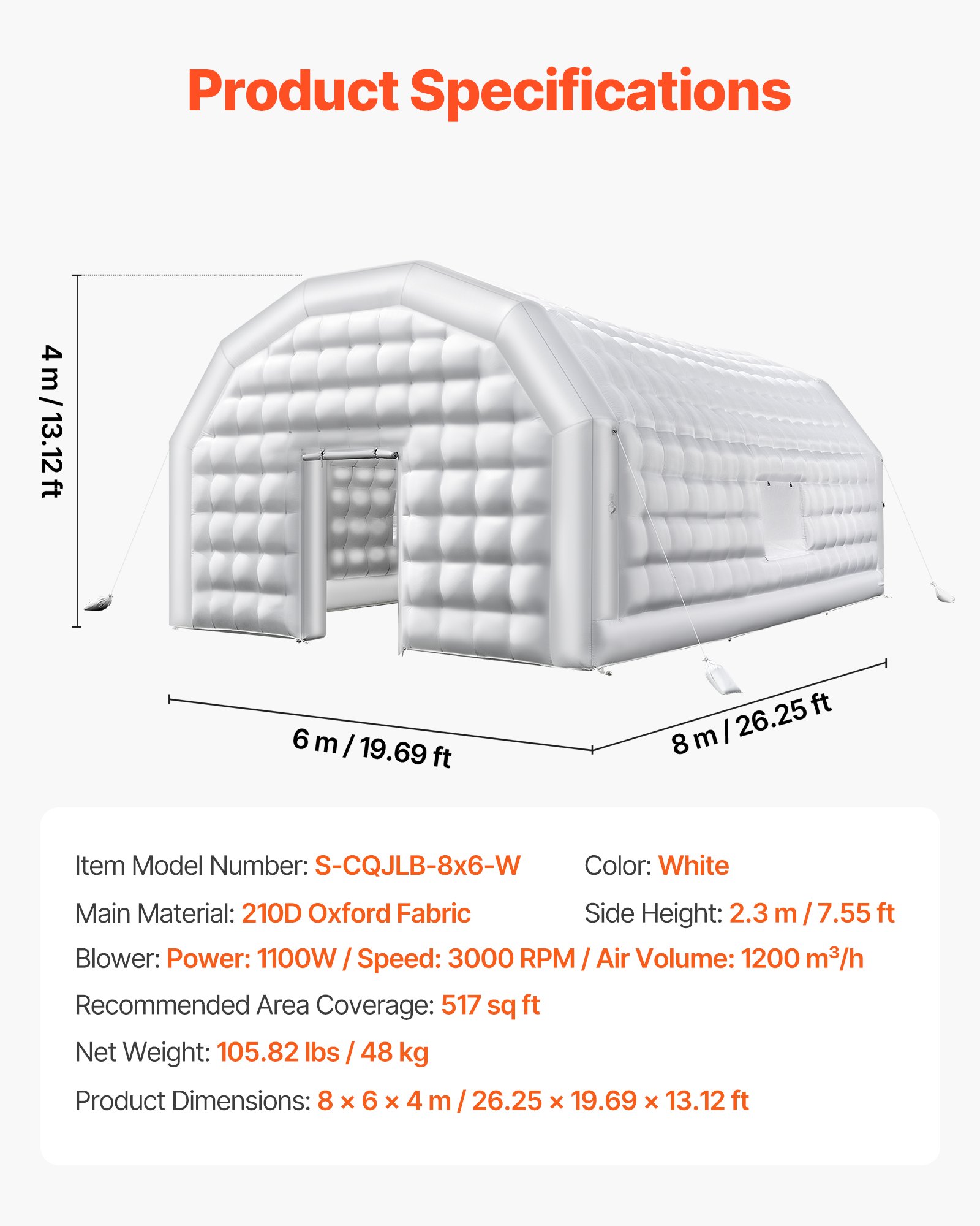 VEVOR Inflatable Nightclub, 26.2 x 19.7 x 13.1 ft Inflatable Party Tent with 1100W Blower & Sandbag, Blow up Night Club with 2 Windows, Air Cube House for Event Birthday Wedding Party, White